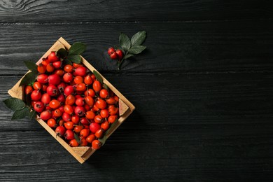 Ripe rose hip berries with green leaves on black wooden table, flat lay. Space for text Photo of Ripe rose hip berries with green leaves on black wooden table, flat lay. Space for text