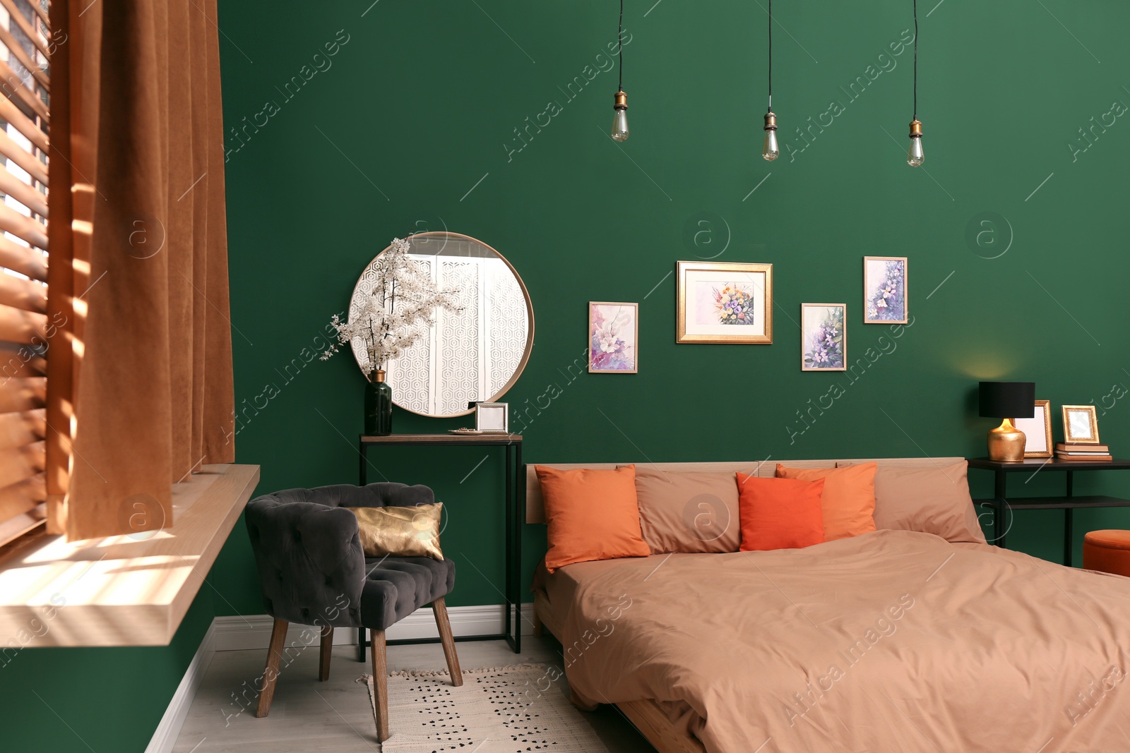 Photo of Stylish bedroom with modern furniture. Interior design