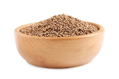 Dried coriander seeds in wooden bowl on white background Photo of Dried coriander seeds in wooden bowl on white background