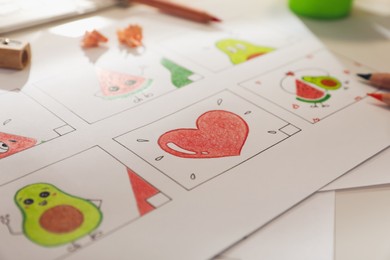 Storyboard with cartoon sketches at workplace. Pre-production process Photo of Storyboard with cartoon sketches at workplace. Pre-production process