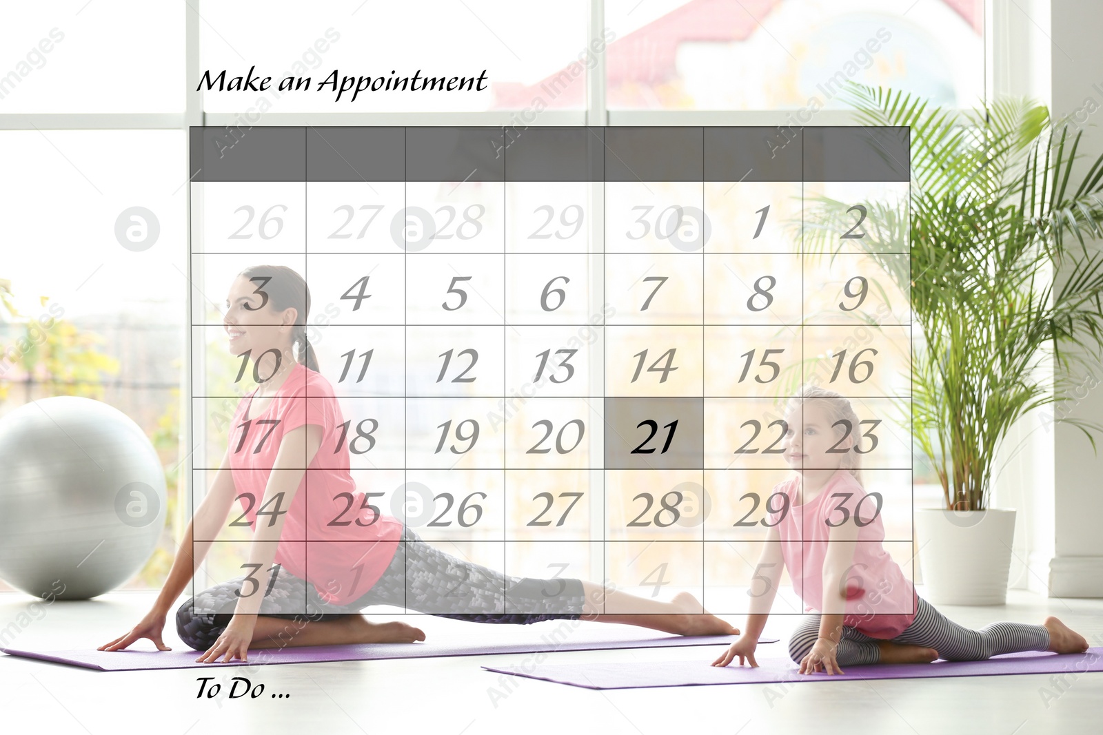 Double exposure of calendar and family doing yoga together at home Image of Double exposure of calendar and family doing yoga together at home