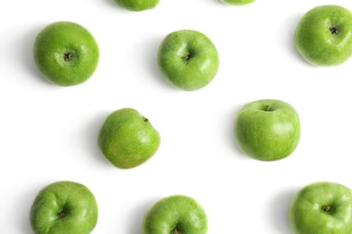 Fresh green apples on white background, top view Photo of Fresh green apples on white background, top view