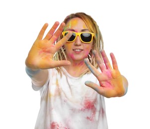 Woman covered with colorful powder dyes on white background. Holi festival celebration Photo of Woman covered with colorful powder dyes on white background. Holi festival celebration