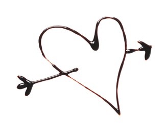 Heart and arrow drawn with dark chocolate on white background, top view Photo of Heart and arrow drawn with dark chocolate on white background, top view
