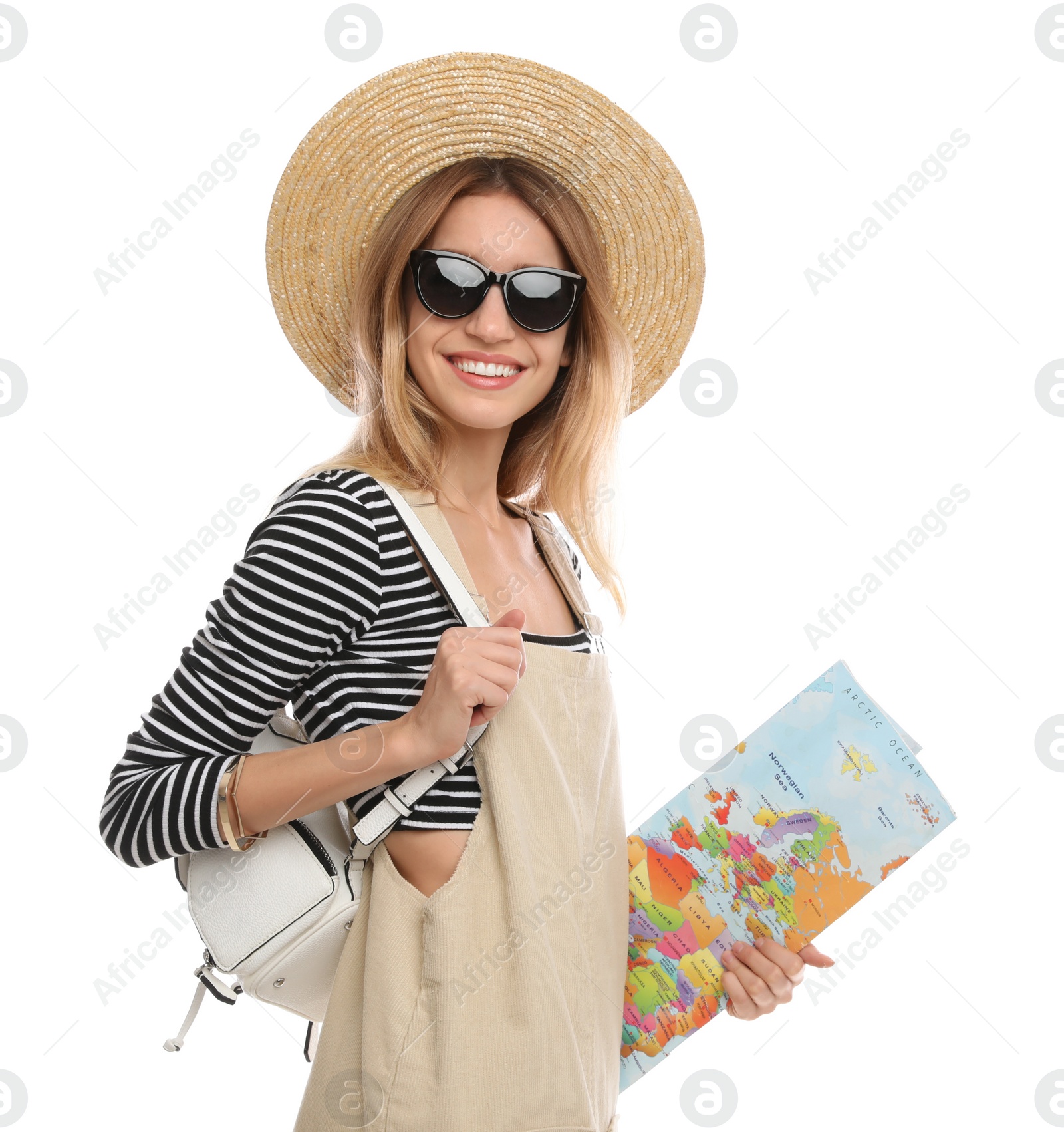 Woman with map on white background. Summer travel Photo of Woman with map on white background. Summer travel