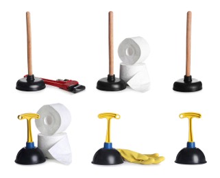 Set with different plungers on white background Image of Set with different plungers on white background