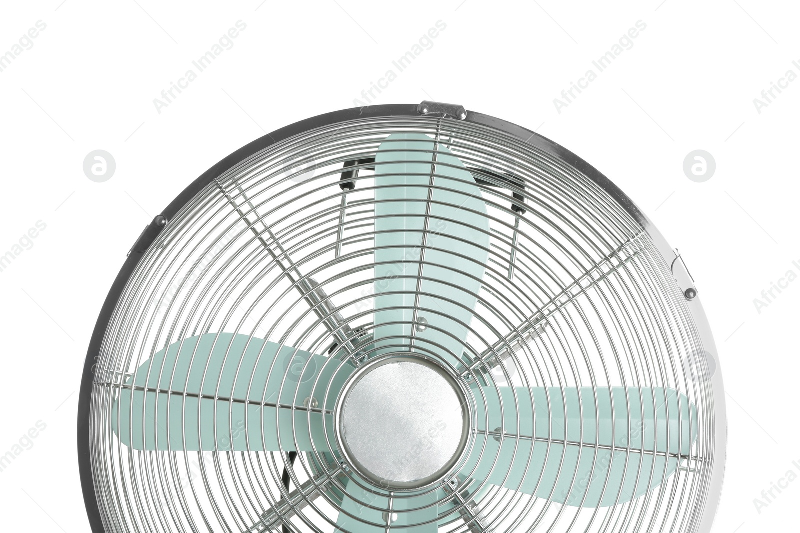 Electric fan on white background, closeup. Summer heat Photo of Electric fan on white background, closeup. Summer heat