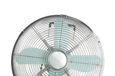 Electric fan on white background, closeup. Summer heat Photo of Electric fan on white background, closeup. Summer heat