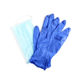 Photo of Medical gloves and protective face mask on white background, top view