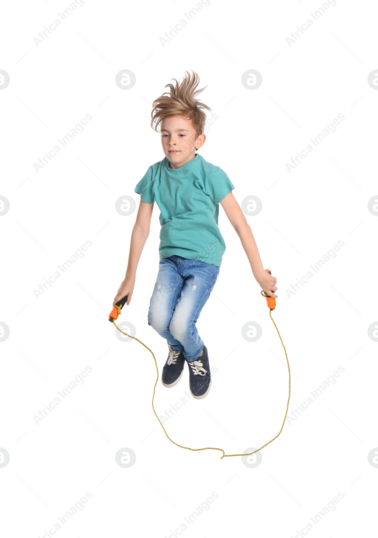 Cute little boy with jump rope on white background Photo of Cute little boy with jump rope on white background