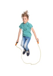 Cute little boy with jump rope on white background Photo of Cute little boy with jump rope on white background