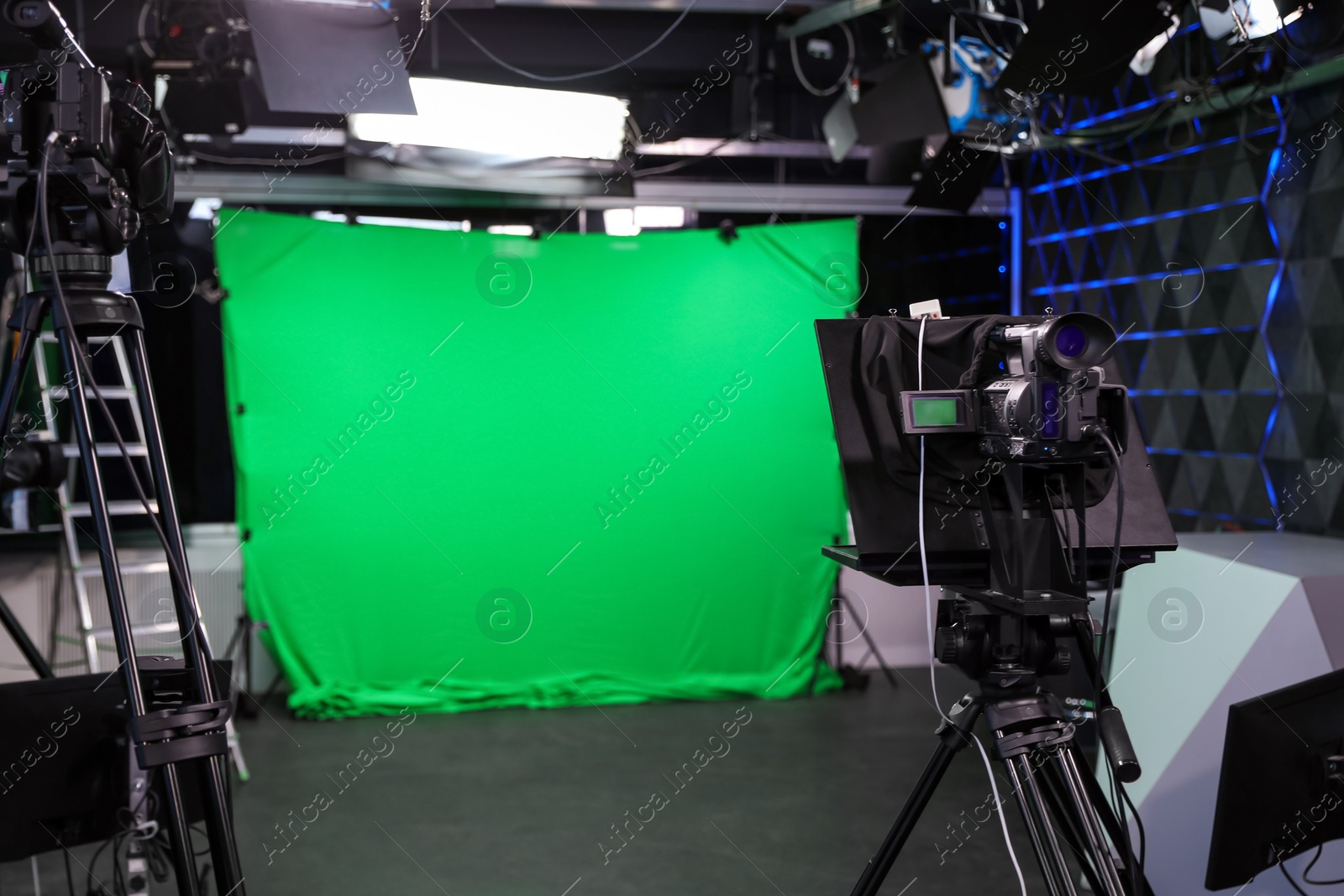 Modern video recording studio with professional equipment, focus on camera Photo of Modern video recording studio with professional equipment, focus on camera