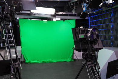 Modern video recording studio with professional equipment, focus on camera Photo of Modern video recording studio with professional equipment, focus on camera