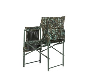 Comfortable camouflage fishing chair on white background Photo of Comfortable camouflage fishing chair on white background