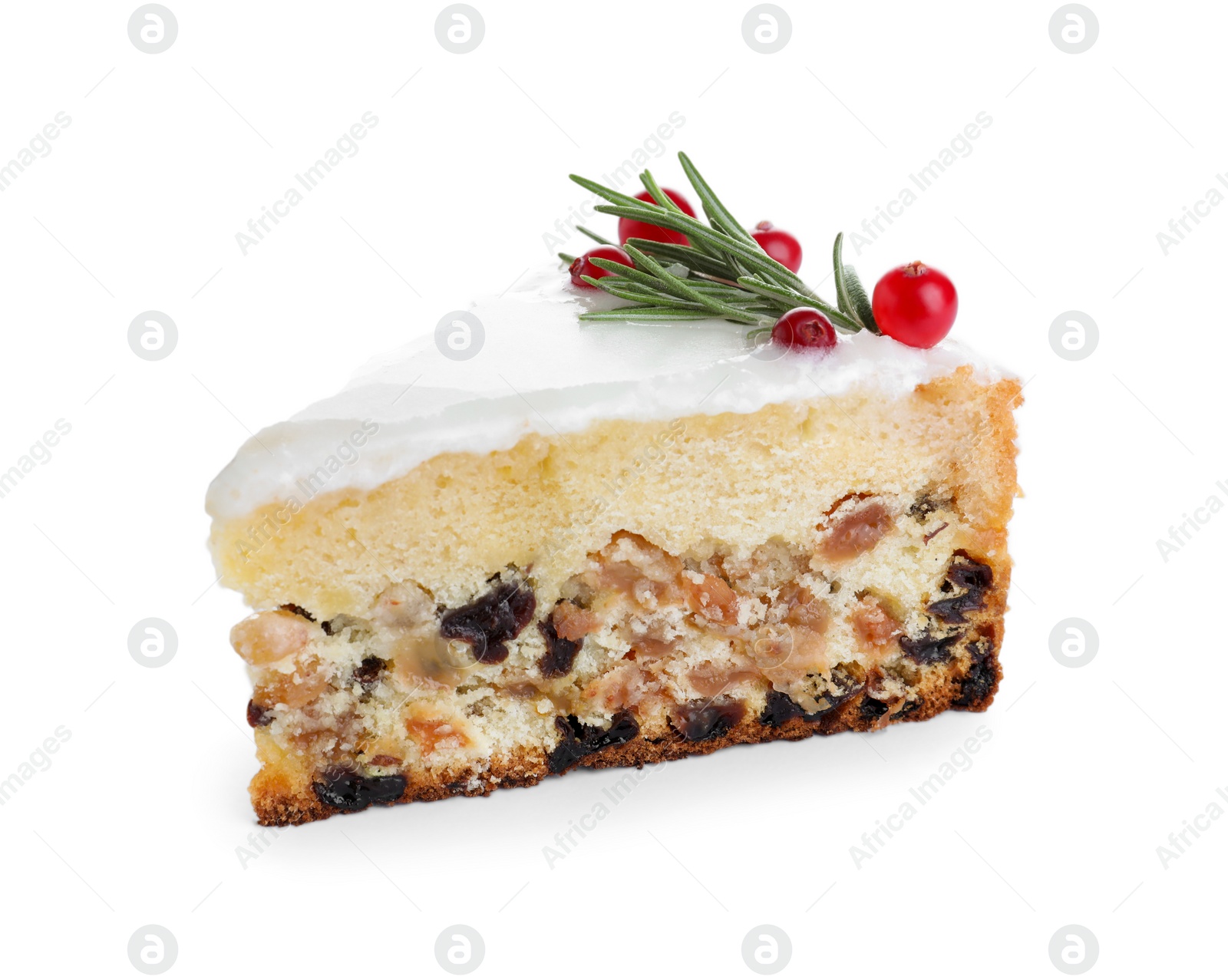 Slice of traditional Christmas cake decorated with rosemary and cranberries isolated on white Photo of Slice of traditional Christmas cake decorated with rosemary and cranberries isolated on white