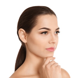 Young woman with beautiful makeup on white background. Professional cosmetic products Photo of Young woman with beautiful makeup on white background. Professional cosmetic products