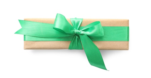 Christmas gift box decorated with green bow isolated on white, top view Photo of Christmas gift box decorated with green bow isolated on white, top view