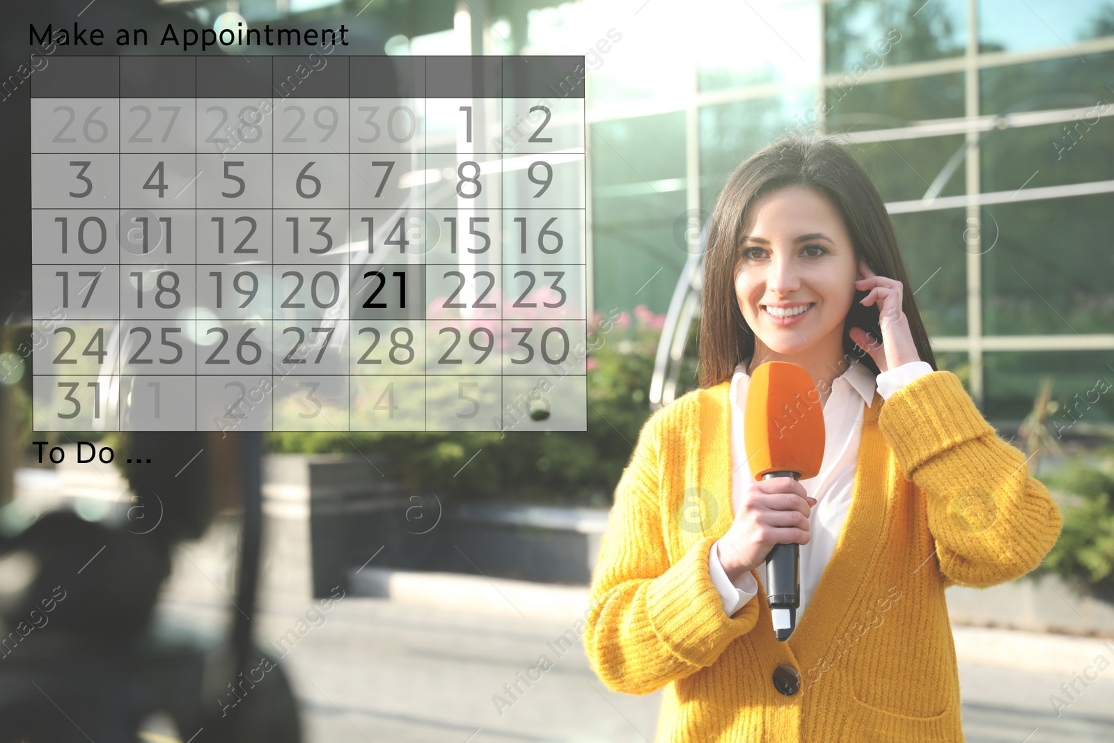 Double exposure of calendar and young journalist working outdoors. Personal schedule Image of Double exposure of calendar and young journalist working outdoors. Personal schedule