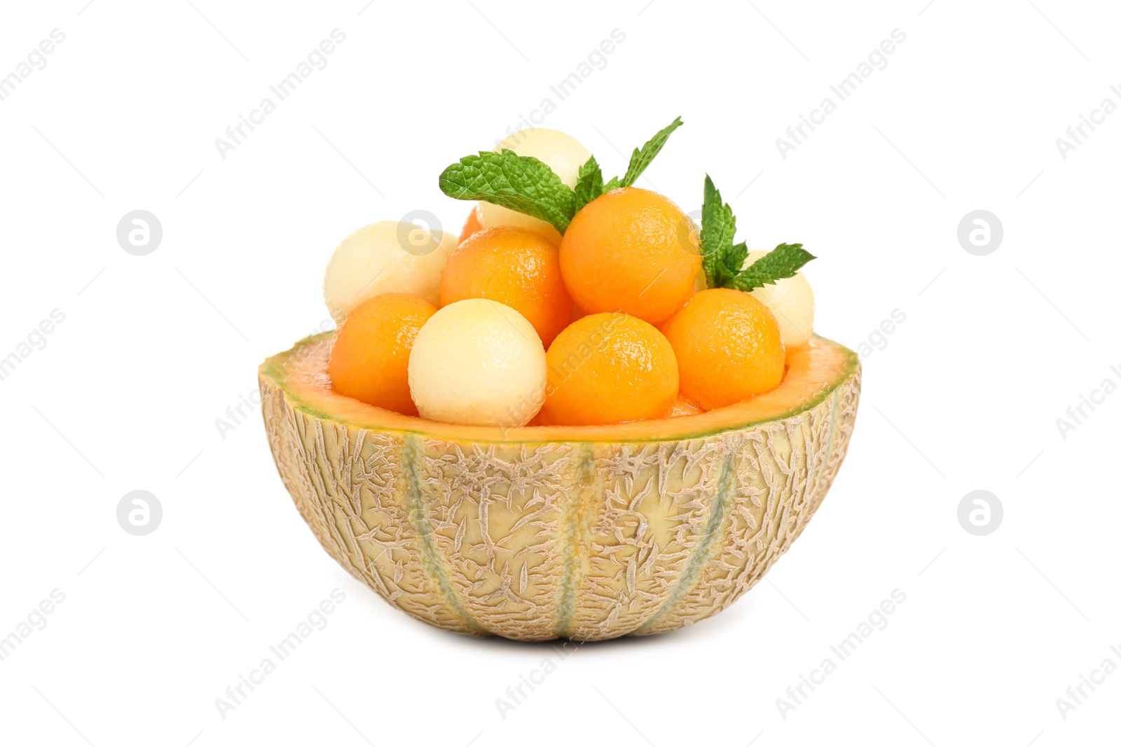 Photo of Different melon balls with mint on white background