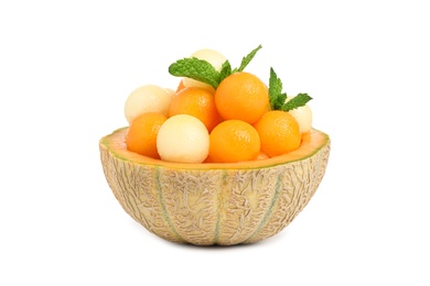 Different melon balls with mint on white background Photo of Different melon balls with mint on white background