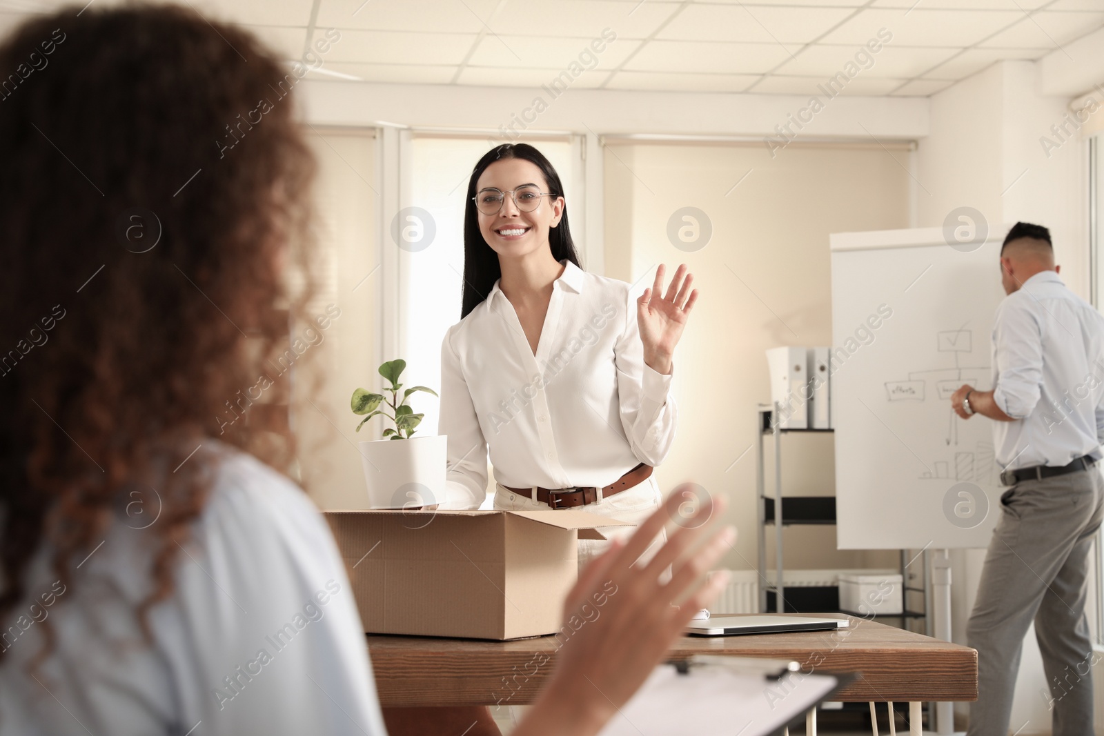 Employee greeting new coworker in modern office Photo of Employee greeting new coworker in modern office