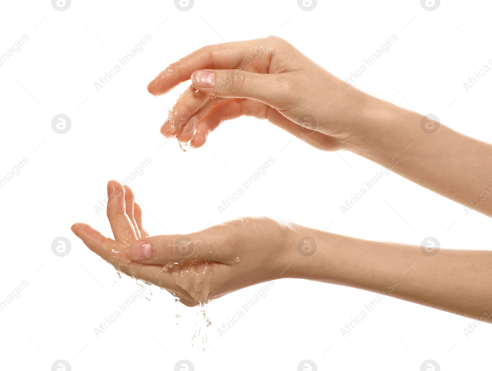 Woman with water in her hands on white background, closeup Image of Woman with water in her hands on white background, closeup