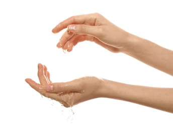 Woman with water in her hands on white background, closeup Image of Woman with water in her hands on white background, closeup