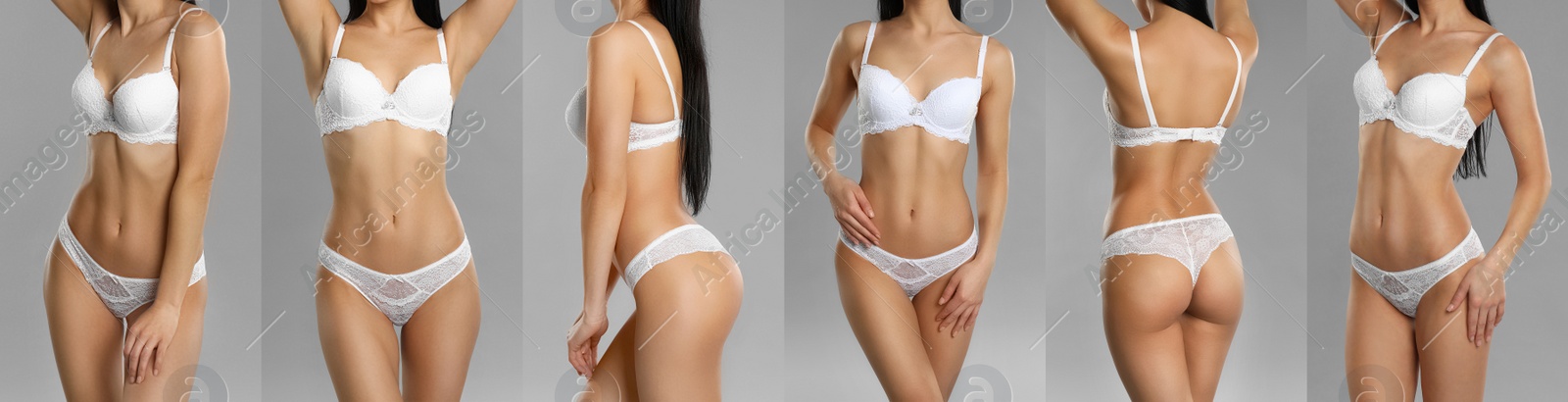 Collage of young woman in white underwear on grey background, closeup Banner design Image of Collage of young woman in white underwear on grey background, closeup Banner design