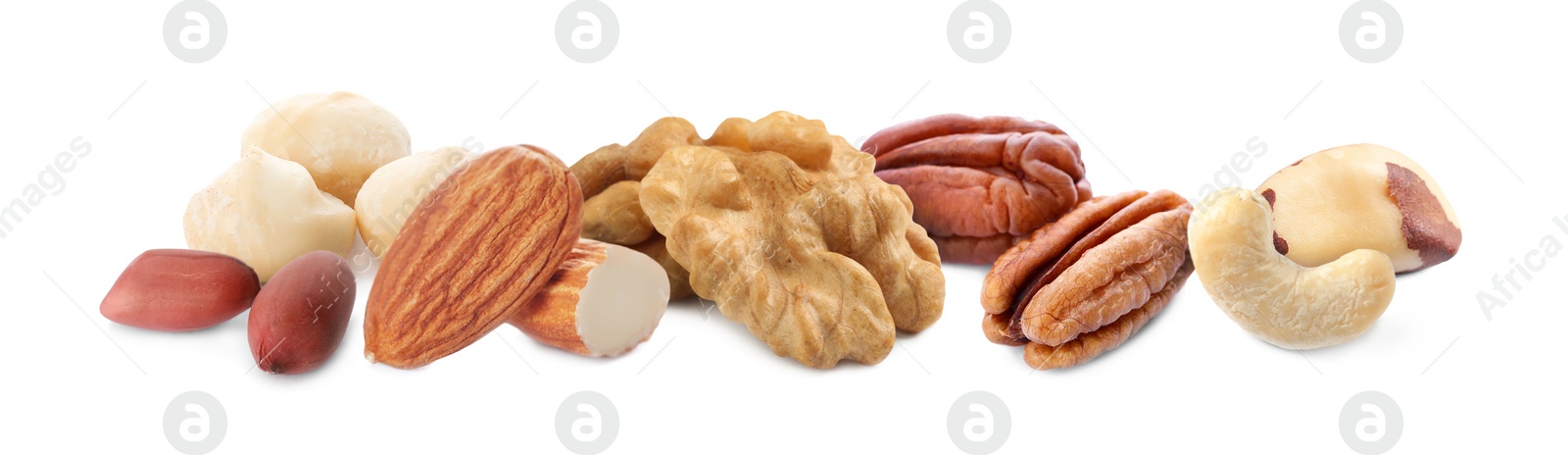 Mix of different tasty nuts on white background. Banner design Image of Mix of different tasty nuts on white background. Banner design