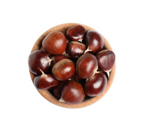 Fresh sweet edible chestnuts in wooden bowl on white background, top view Photo of Fresh sweet edible chestnuts in wooden bowl on white background, top view