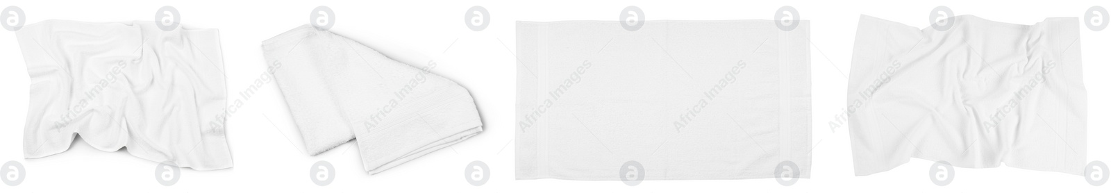 Set with beach towels on white background, top view. Banner design Image of Set with beach towels on white background, top view. Banner design