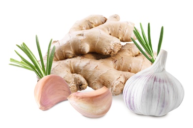 Ginger root, garlic and rosemary on white background Image of Ginger root, garlic and rosemary on white background