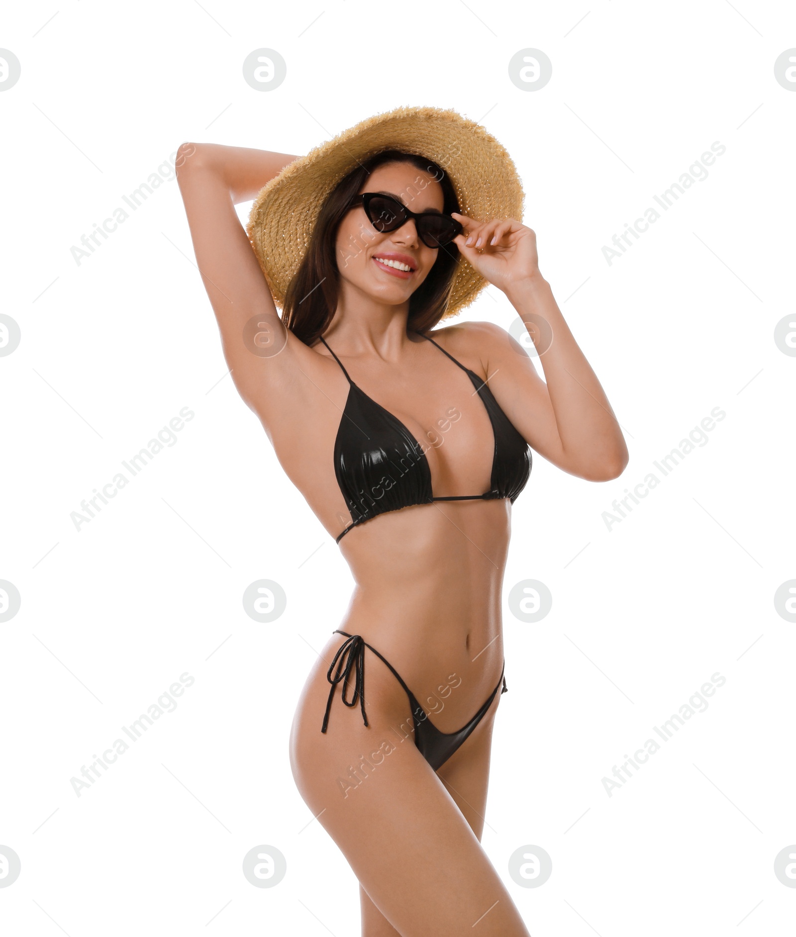 Beautiful woman in stylish bikini on white background Photo of Beautiful woman in stylish bikini on white background