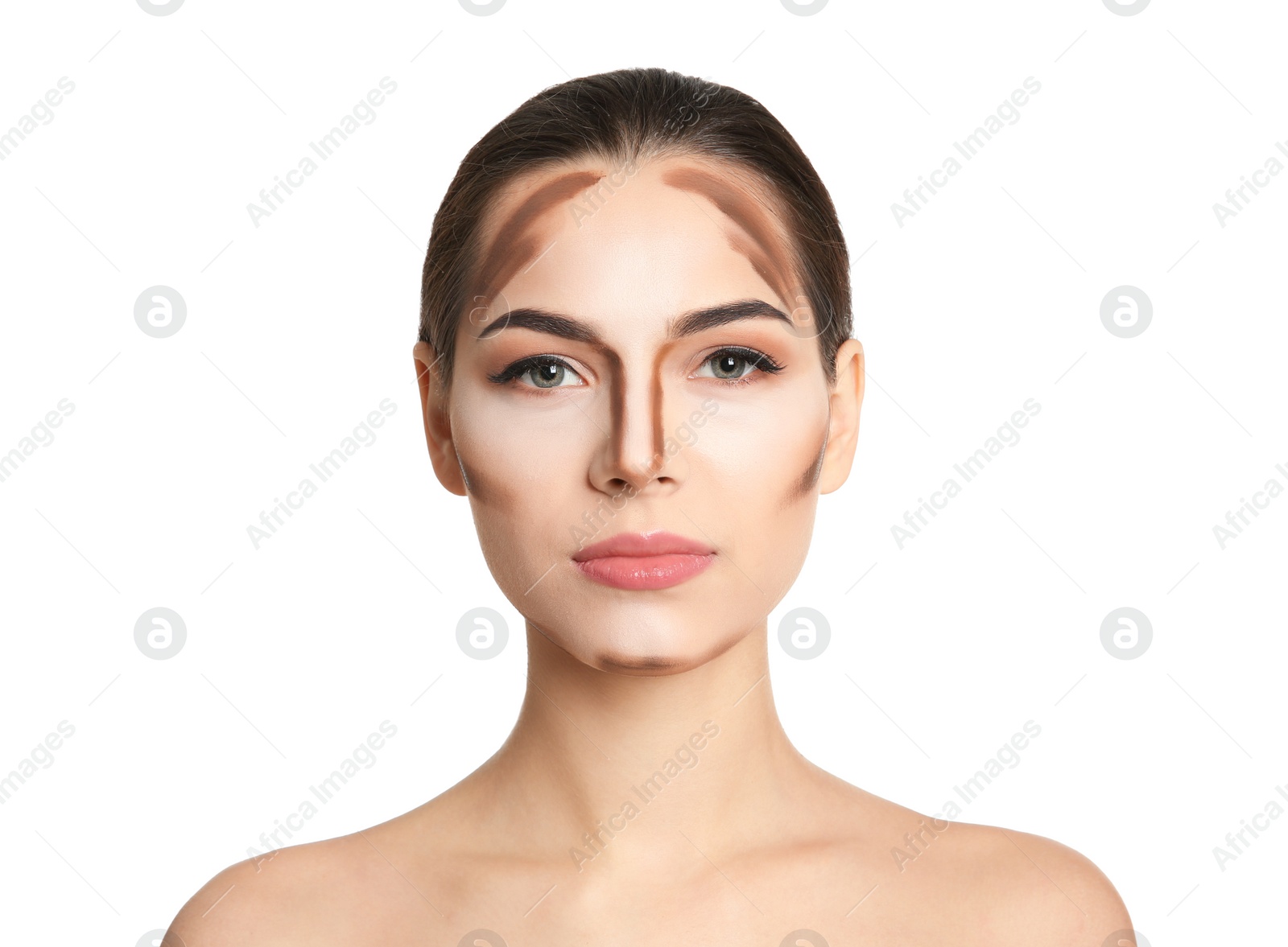 Young woman with contouring lines on her face against white background. Professional makeup products Photo of Young woman with contouring lines on her face against white background. Professional makeup products