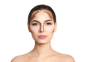 Young woman with contouring lines on her face against white background. Professional makeup products Photo of Young woman with contouring lines on her face against white background. Professional makeup products