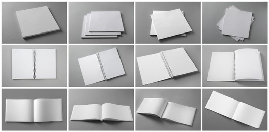 Open blank brochures on grey background, collage. Banner design Image of Open blank brochures on grey background, collage. Banner design