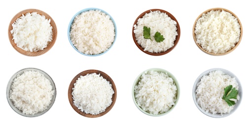 Image of Set of bowls with cooked rice isolated on white, top view. Banner design