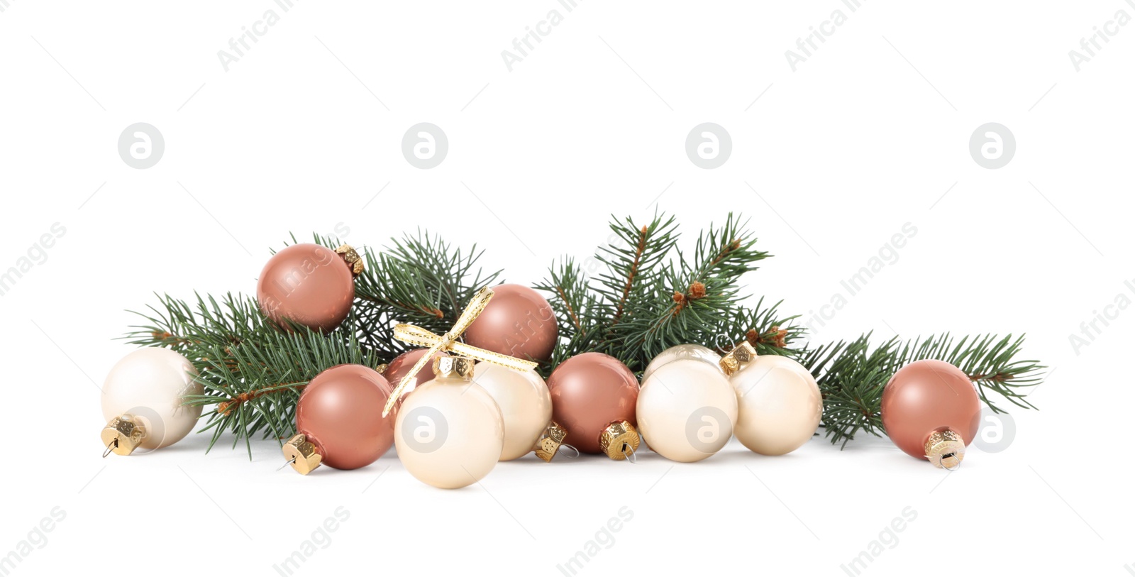 Beautiful Christmas balls and fir branches on white background Photo of Beautiful Christmas balls and fir branches on white background