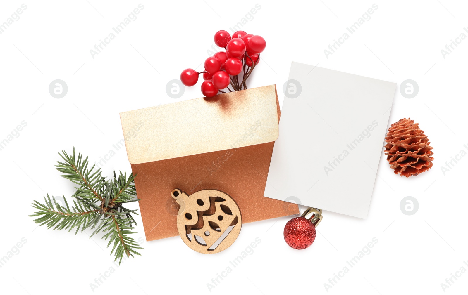 Composition with blank greeting card and Christmas decor on white background, top view. Space for text Photo of Composition with blank greeting card and Christmas decor on white background, top view. Space for text