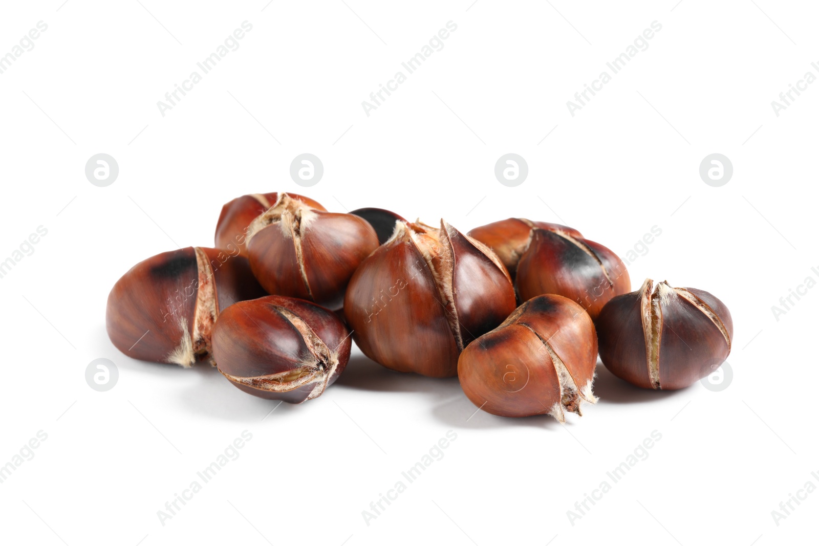Delicious sweet roasted edible chestnuts isolated on white Photo of Delicious sweet roasted edible chestnuts isolated on white