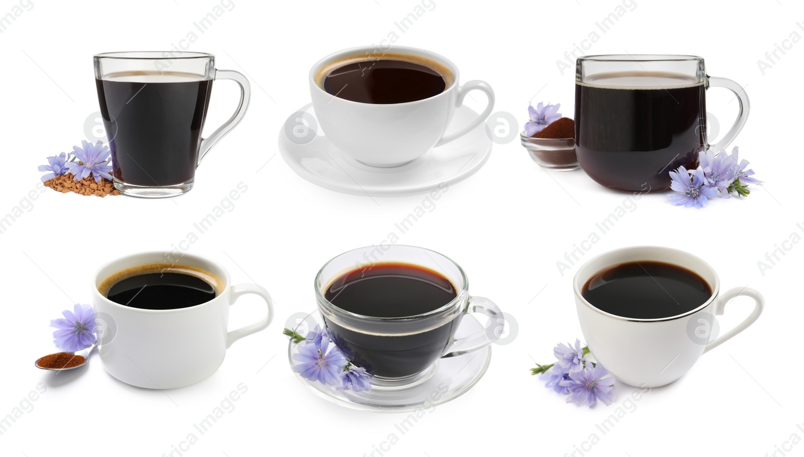 Image of Set with chicory drink on white background 