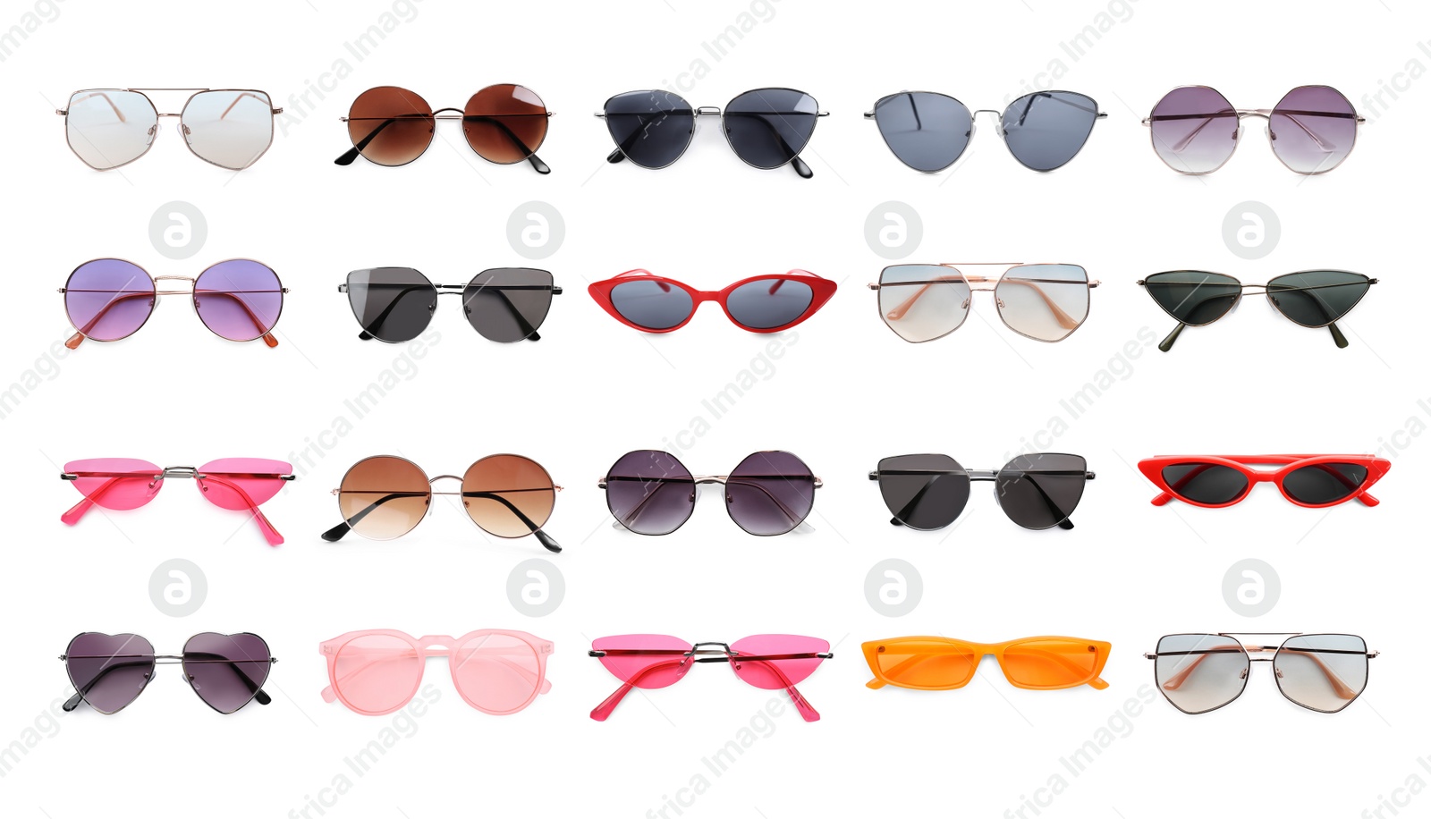 Set with different stylish sunglasses on white background Image of Set with different stylish sunglasses on white background