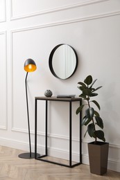 Console table, houseplant and lamp near light wall with mirror indoors. Interior design Photo of Console table, houseplant and lamp near light wall with mirror indoors. Interior design