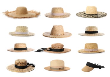 Set with stylish straw hats on white background Image of Set with stylish straw hats on white background