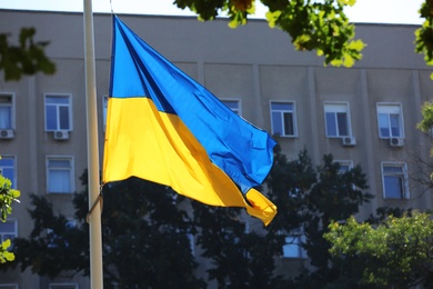 National flag of Ukraine in city park on sunny day Photo of National flag of Ukraine in city park on sunny day