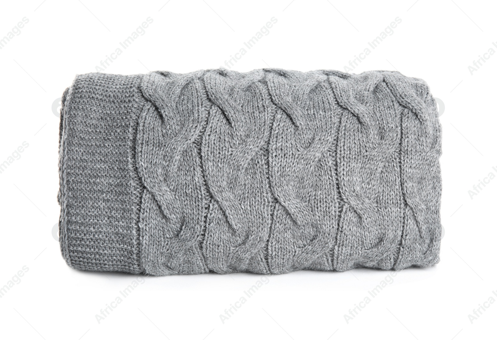 Stylish grey knitted plaid on white background Photo of Stylish grey knitted plaid on white background