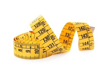 Long yellow measuring tape isolated on white Photo of Long yellow measuring tape isolated on white
