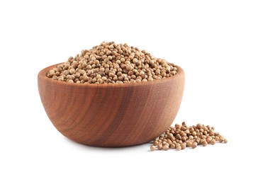 Dried coriander seeds in wooden bowl on white background Photo of Dried coriander seeds in wooden bowl on white background