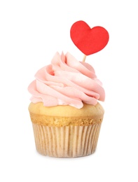 Tasty cupcake for Valentine's Day on white background Photo of Tasty cupcake for Valentine's Day on white background