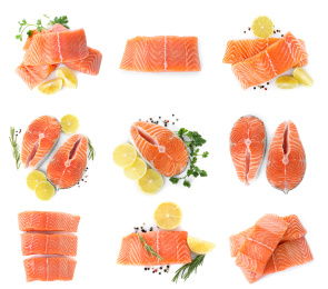 Set of fresh raw salmon on white background, top view. Fish delicacy Image of Set of fresh raw salmon on white background, top view. Fish delicacy